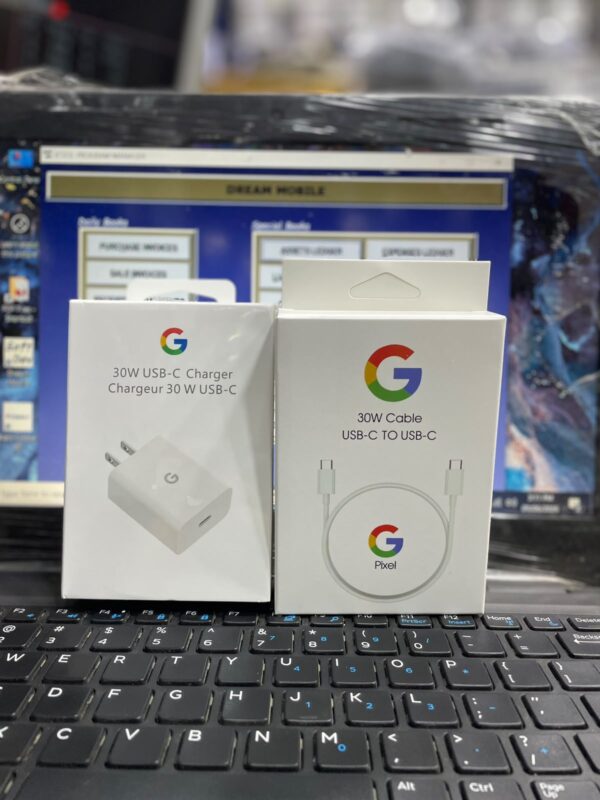 Google 30W USB-C Charger block and original Type-C to Type-C charging cable box
