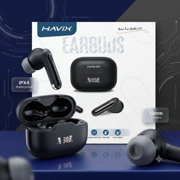 HAVIX Wireless Earbuds with matte black LED battery display charging case