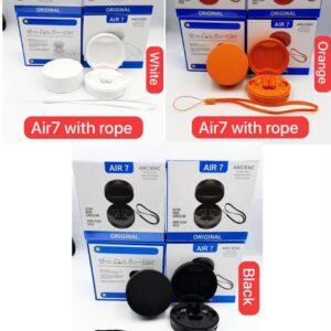 Air 7 Wireless Earbuds with round case and rope lanyard in white orange and black