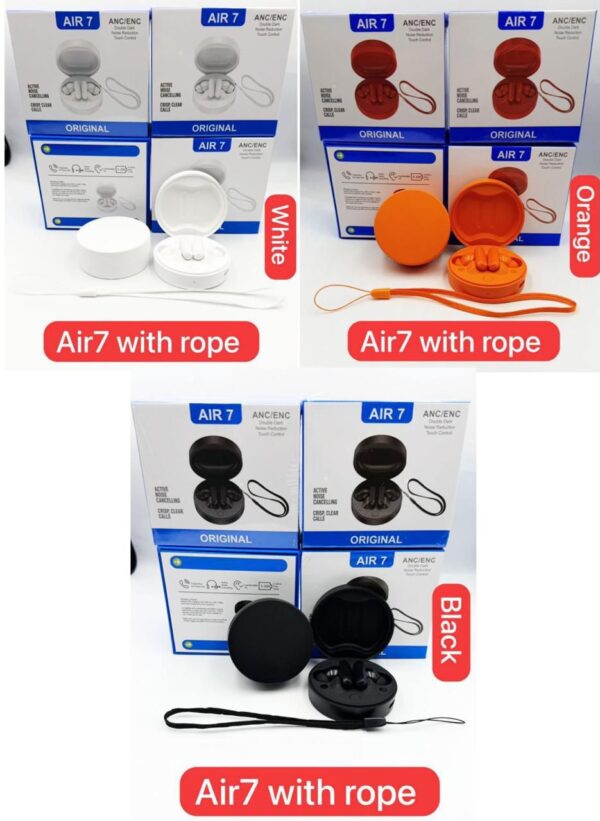Air 7 Wireless Earbuds with round case and rope lanyard in white orange and black