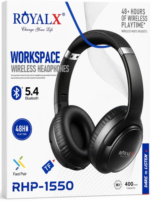 ROYALX RHP-1550 Workspace Wireless Headphones box in black and white style