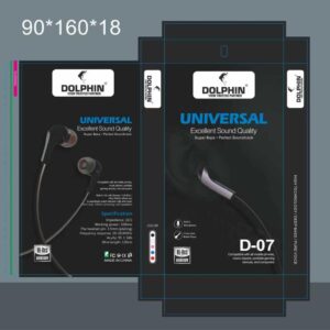 DOLPHIN D-02 Wired Earphones retail packaging box layout in yellow and white