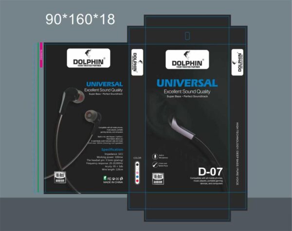 DOLPHIN D-02 Wired Earphones retail packaging box layout in yellow and white