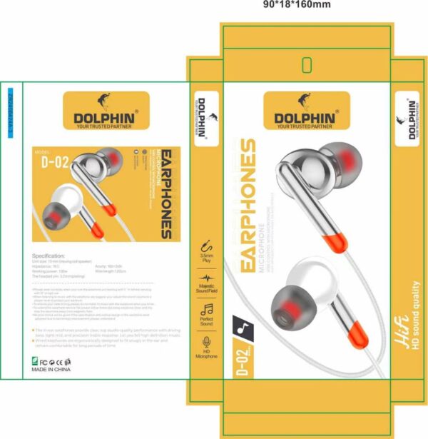 DOLPHIN D-02 Wired Earphones retail packaging box layout in yellow and white