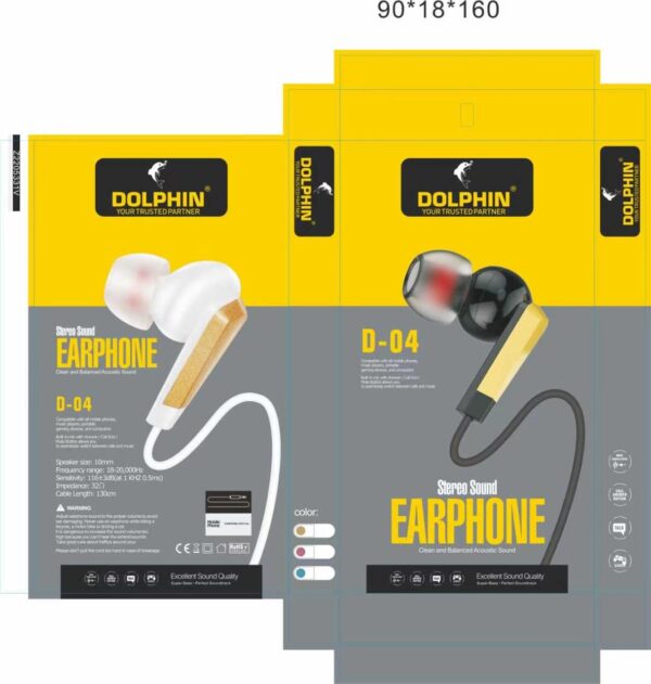 DOLPHIN D-02 Wired Earphones retail packaging box layout in yellow and white