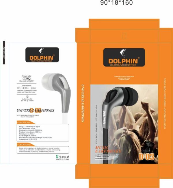DOLPHIN D-02 Wired Earphones retail packaging box layout in yellow and white