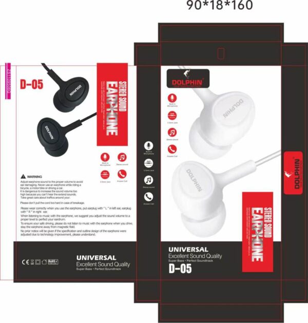 DOLPHIN D-02 Wired Earphones retail packaging box layout in yellow and white
