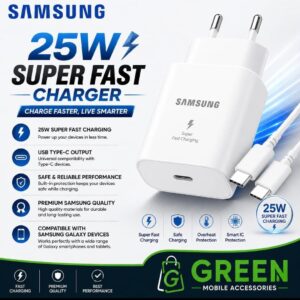 Samsung 25W Travel Adapter with cable retail boxes in black and white variants on display