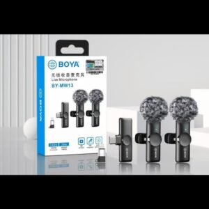 BOYA BY-MW13 Wireless Live Microphone set with two transmitters, receiver, and furry windscreens