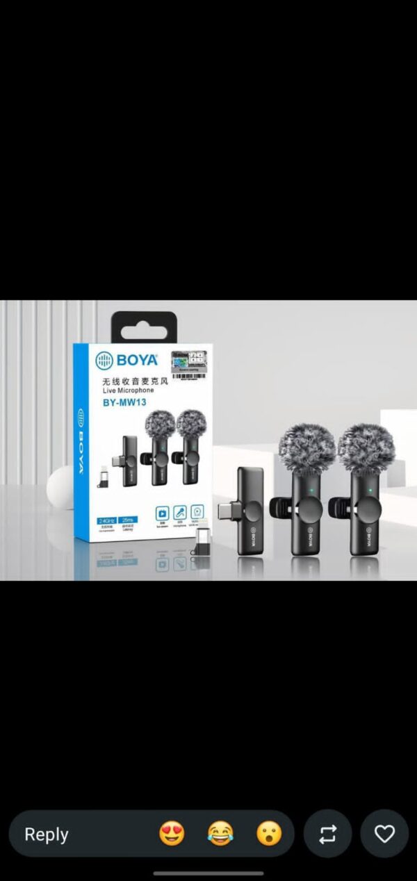 IMG-20260729-WA0000 BOYA BY-MW13 Wireless Live Microphone set with two transmitters, receiver, and furry windscreens